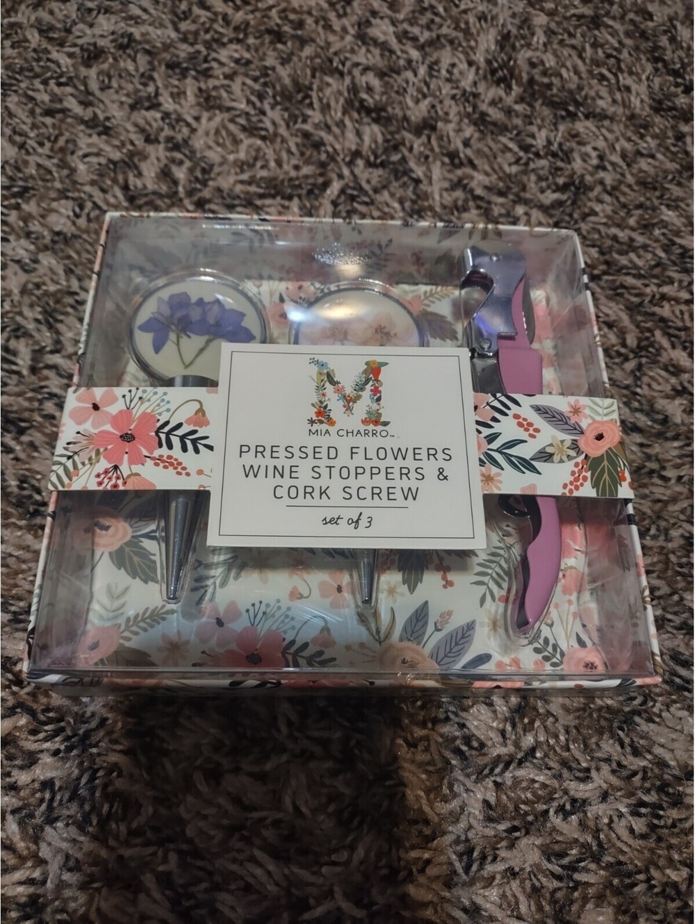 Mia Charro Pressed Flowers Wine Stoppers & Cork Screw